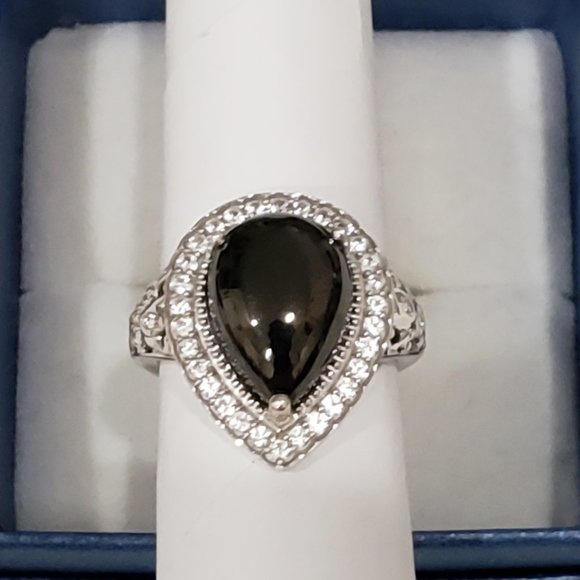 Elite Shungite/Zircon halo ring in Plat over 925 Sterling Silver sz  7 - Picture 2 of 5
